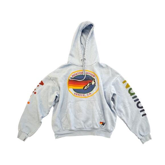 Aviator Nation Sweaters - Aviator Nation Blue Logo 5 Stripe Hoodie Lounge Pullover Relaxed Sweatshirt XS